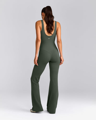 SoftMotion™ Scoop Back Flared All In One Long with Grey Logo | Dark Khaki