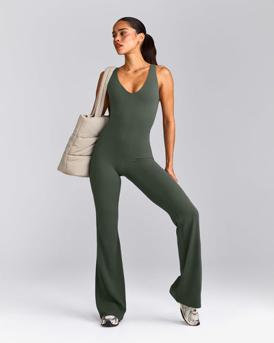 SoftMotion™ Scoop Back Flared All In One Long with Grey Logo | Dark Khaki