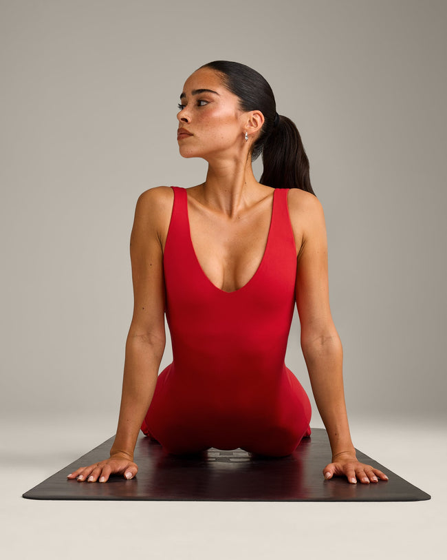 SoftMotion™ Scoop Back Flared All In One Long with Grey Logo | Fiery Red