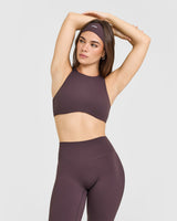 SoftMotion™ High Neck Sports Bra with White Logo | Dark Umber Brown