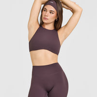 SoftMotion™ High Neck Sports Bra with White Logo | Dark Umber Brown