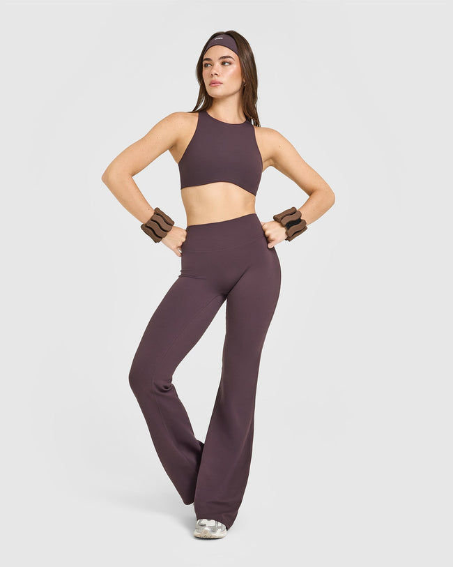 SoftMotion™ High Neck Sports Bra with White Logo | Dark Umber Brown