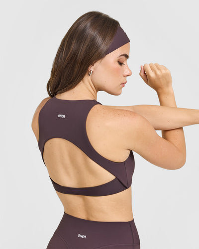 SoftMotion™ High Neck Sports Bra with White Logo | Dark Umber Brown