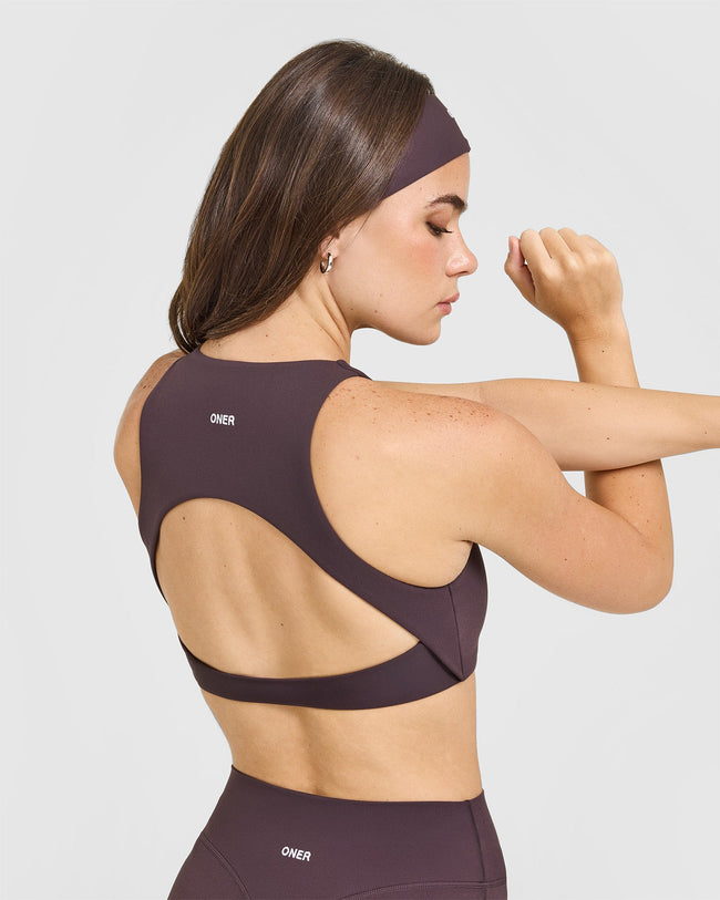 SoftMotion™ High Neck Sports Bra with White Logo | Dark Umber Brown