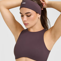 SoftMotion™ High Neck Sports Bra with White Logo | Dark Umber Brown