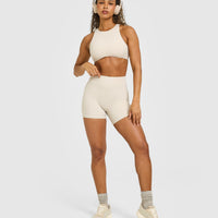SoftMotion™ High Waisted Shorts 6" with White Logo | Sand