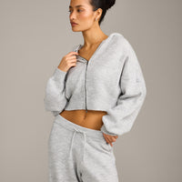 Oversized Knit Zip Through Mid Hoodie | Light Grey Marl
