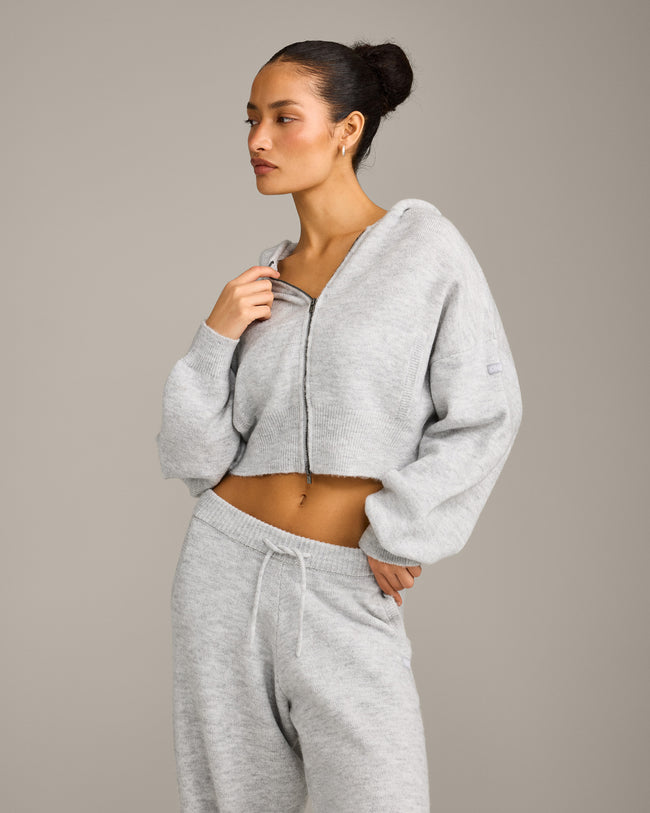 Oversized Knit Zip Through Mid Hoodie | Light Grey Marl