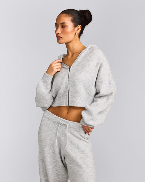 Oversized Knit Zip Up Mid Hoodie | Light Grey Marl