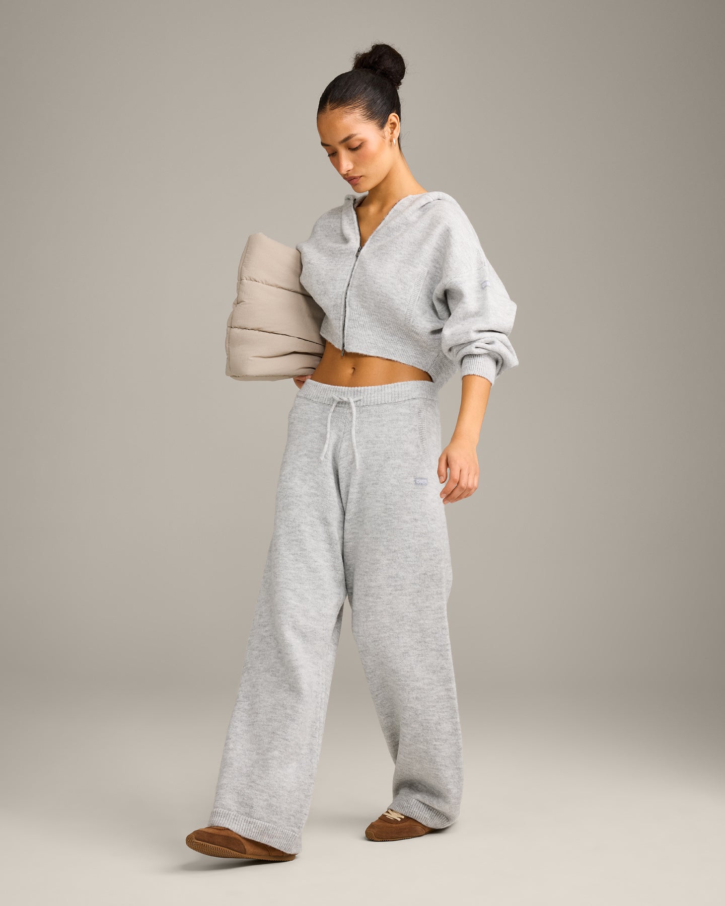 Oversized Knit Zip Through Mid Hoodie | Light Grey Marl