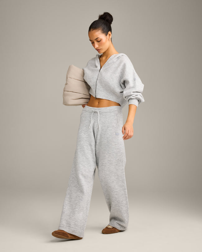 Oversized Knit Zip Through Mid Hoodie | Light Grey Marl
