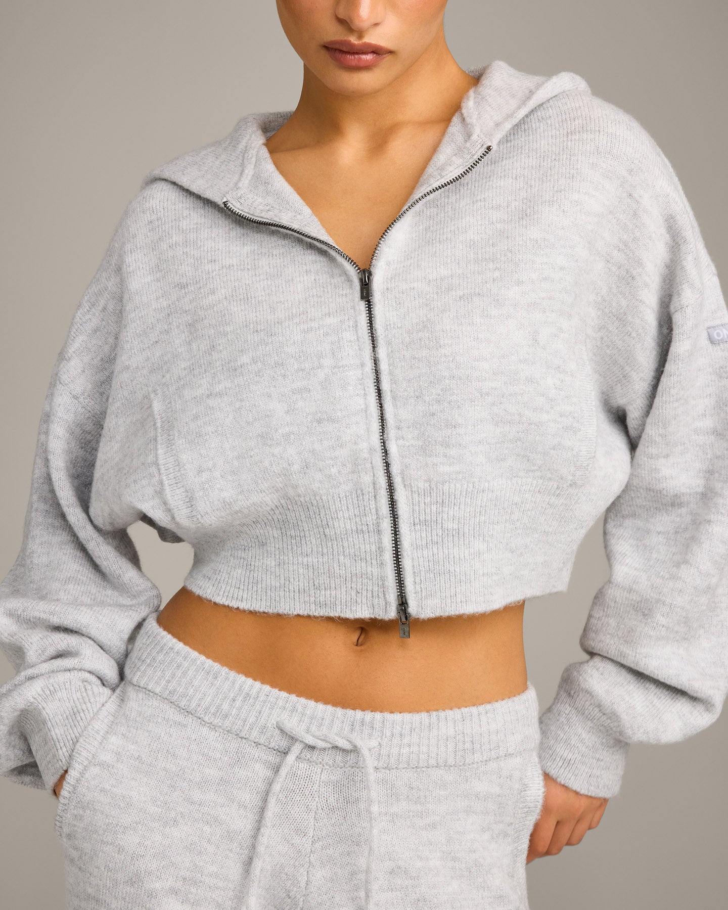 Oversized Knit Zip Through Mid Hoodie | Light Grey Marl