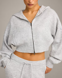 Oversized Knit Zip Through Mid Hoodie | Light Grey Marl