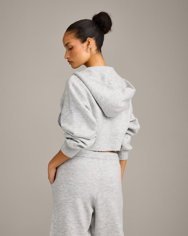 Oversized Knit Zip Through Mid Hoodie | Light Grey Marl