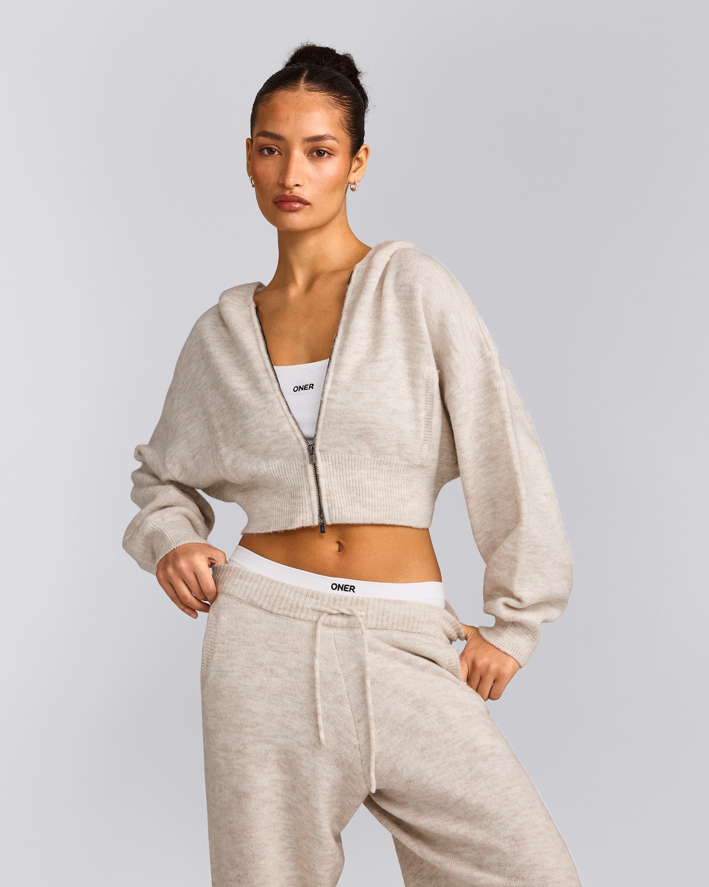 Oversized Knit Zip Through Mid Hoodie | Oat Marl