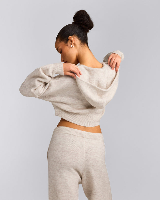 Oversized Knit Zip Through Mid Hoodie | Oat Marl