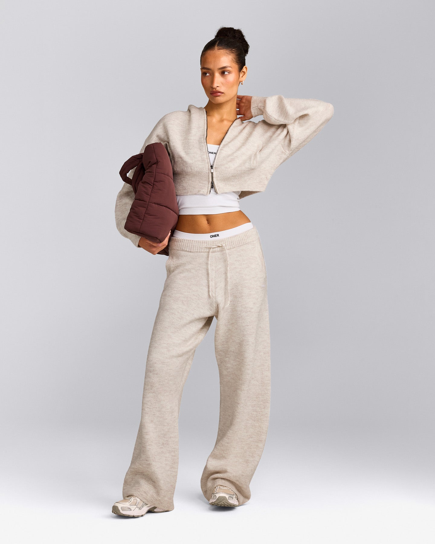 Oversized Knit Zip Through Mid Hoodie | Oat Marl
