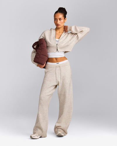 Oversized Knit Zip Through Mid Hoodie | Oat Marl