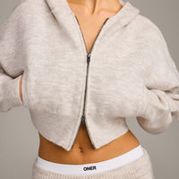 Oversized Knit Zip Through Mid Hoodie | Oat Marl