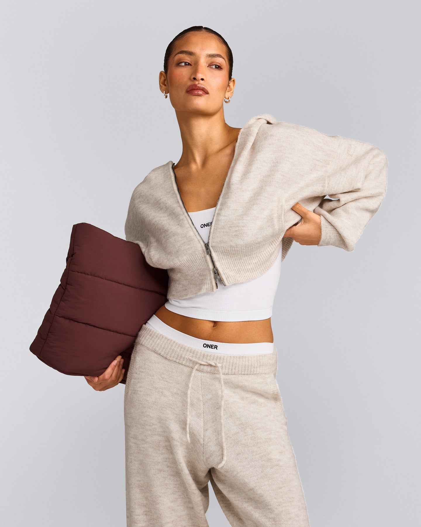 Oversized Knit Zip Through Mid Hoodie | Oat Marl