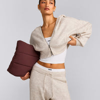 Oversized Knit Zip Through Mid Hoodie | Oat Marl