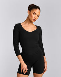 Mellow™ Motion Wide V Neck 3/4 Length Sleeve Mid Top | Black