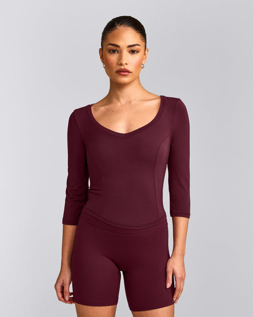 Mellow™ Motion Wide V Neck 3/4 Length Sleeve Mid Top | Cherry Lacquer Purple