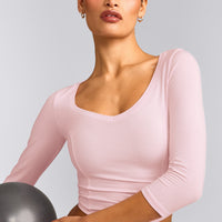 Mellow™ Motion Wide V Neck 3/4 Length Sleeve Mid Top | Soft Girl Pink