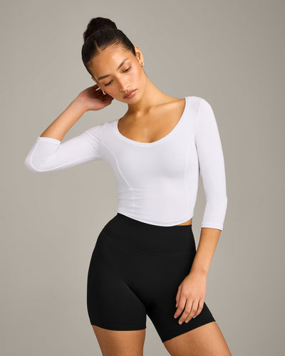Mellow™ Motion Wide V Neck 3/4 Length Sleeve Mid Top | White