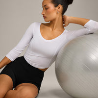 Mellow™ Motion Wide V Neck 3/4 Length Sleeve Mid Top | White