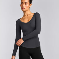 Mellow™ Motion Wide V Neck Long Sleeve Top | Coal