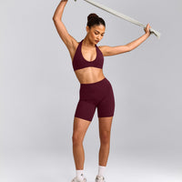 SoftMotion™ Minimal Halter Neck Bralette with Grey Logo | Cherry Lacquer Purple