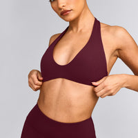 SoftMotion™ Minimal Halter Neck Bralette with Grey Logo | Cherry Lacquer Purple