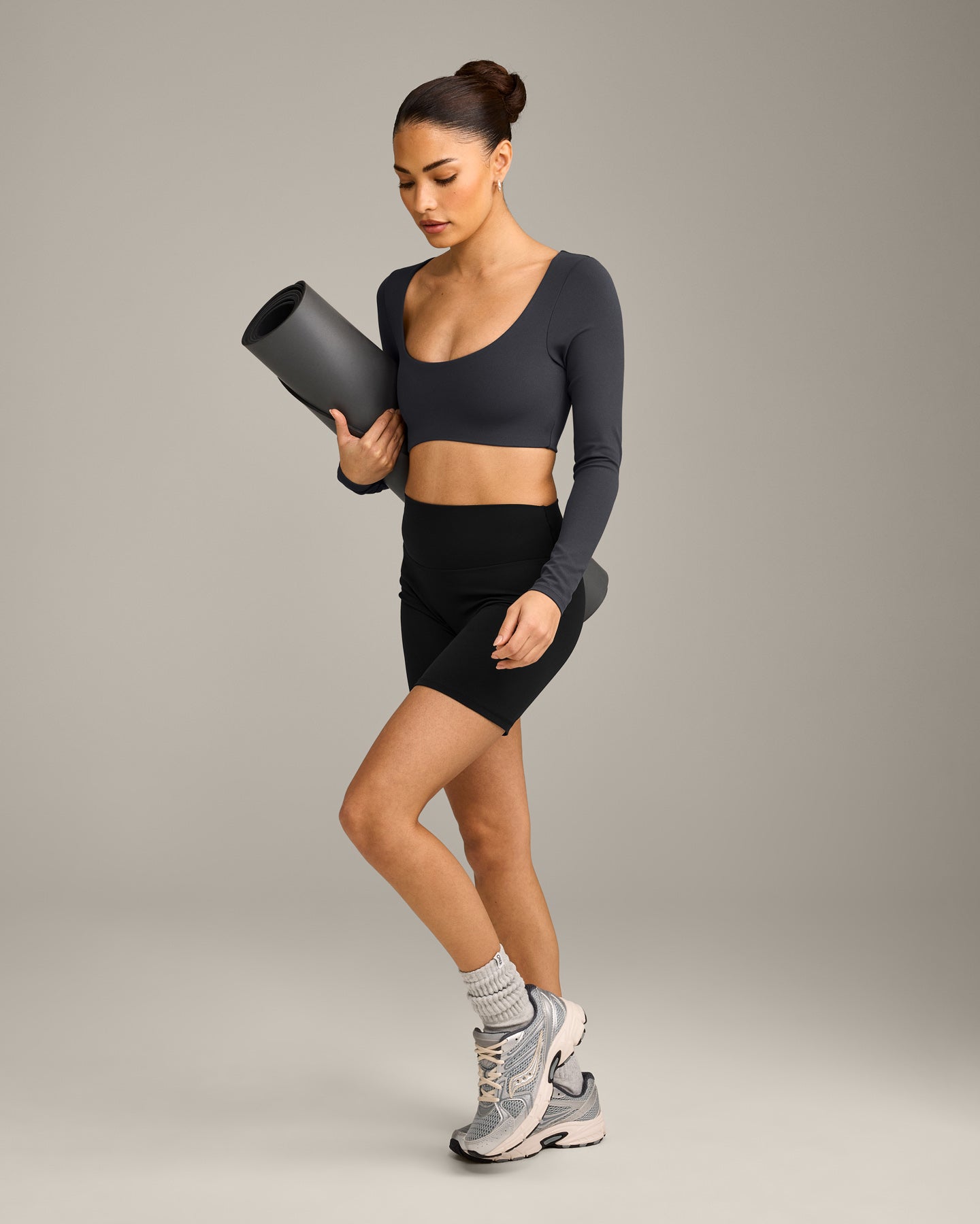 SoftMotion™ Scoop Neck Long Sleeve Crop Top with Built in Bra Shelf with Grey Logo | Coal