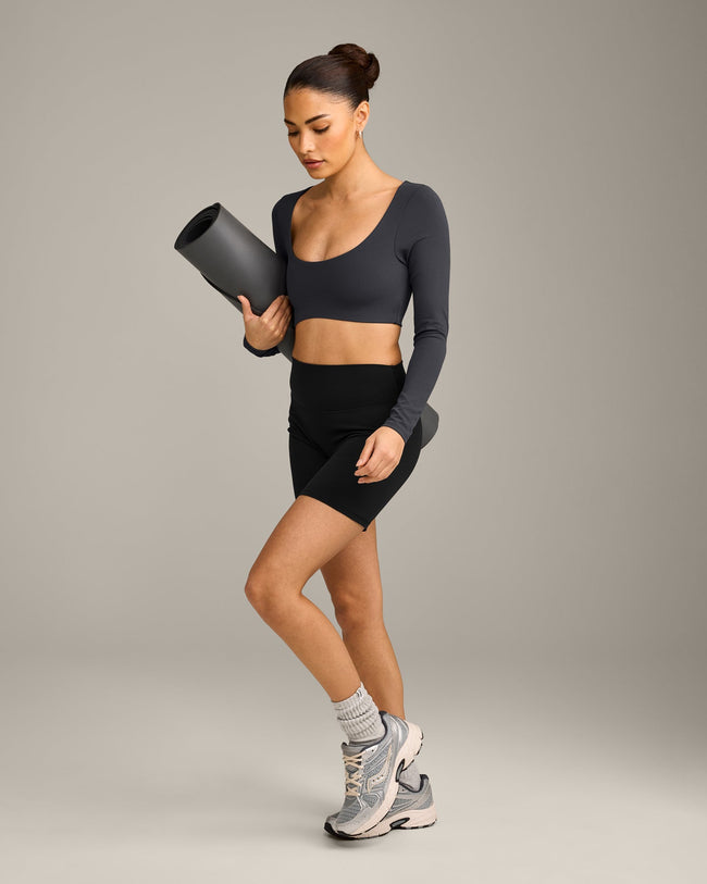 SoftMotion™ Scoop Neck Long Sleeve Crop Top with Built in Bra Shelf with Grey Logo | Coal