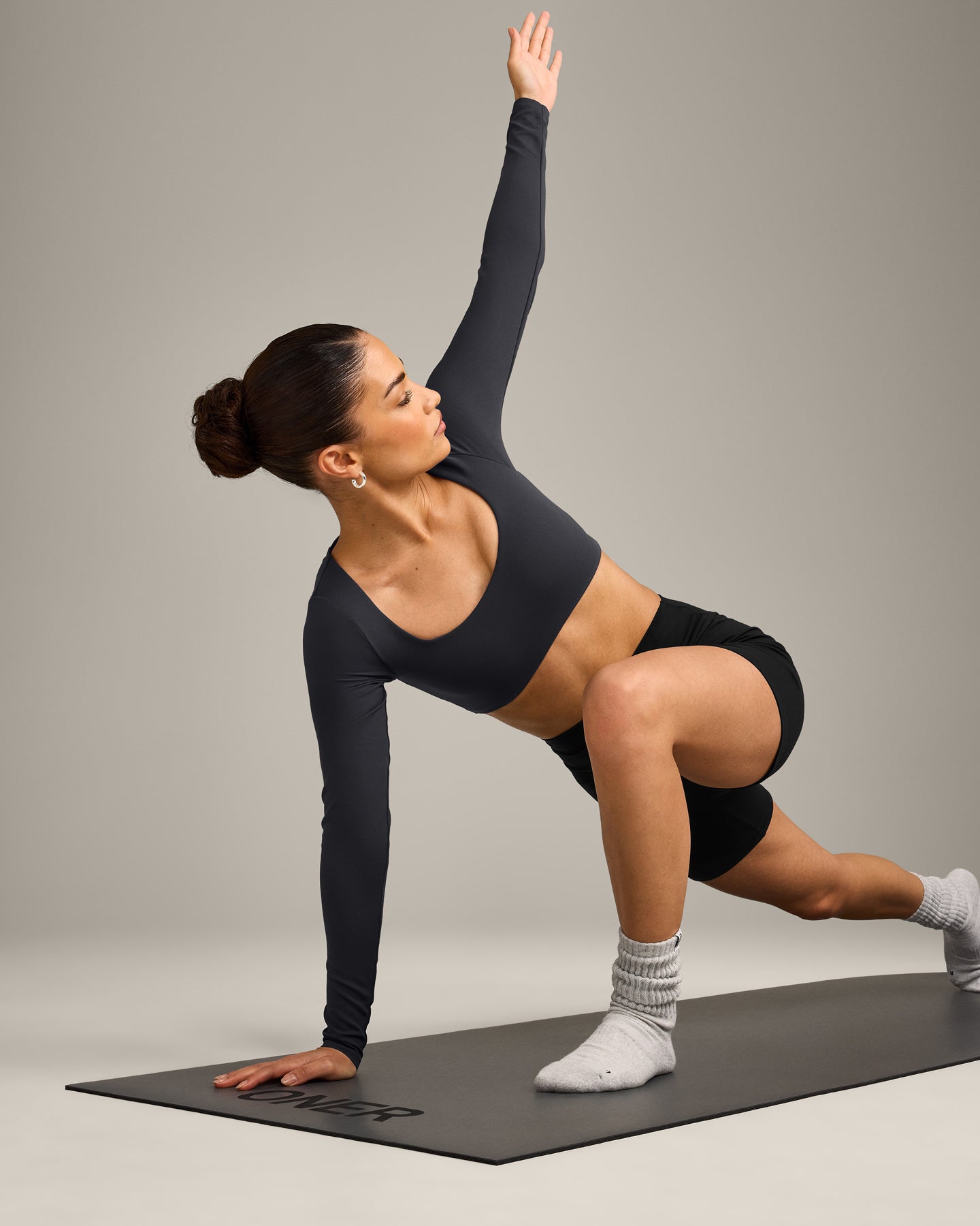 SoftMotion™ Scoop Neck Long Sleeve Crop Top with Built in Bra Shelf with Grey Logo | Coal