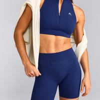 EasyLift™ Zip High Neck Sports Bra with Grey Logo | Varsity Blue