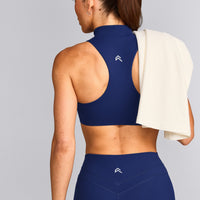 EasyLift™ Zip High Neck Sports Bra with Grey Logo | Varsity Blue