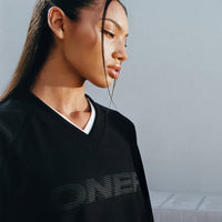 Oversized V Neck Long Sleeve T-Shirt with Oner Graphic | Black
