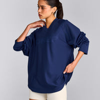 Oversized V Neck Long Sleeve T-Shirt with Oner Graphic | Varsity Blue