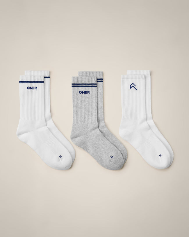 Varsity Stripe Crew Socks 3 Pack | White/Grey