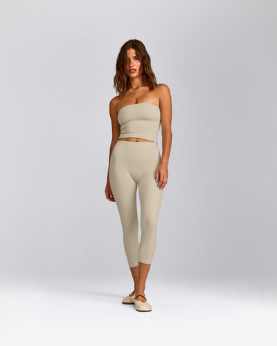 SoftMotion™ Bandeau Mid Vest with Built in Bra Shelf with Grey Logo | Oatmeal