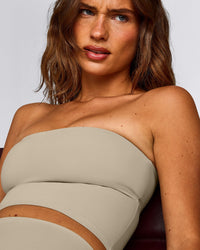 SoftMotion™ Bandeau Mid Vest with Built in Bra Shelf with Grey Logo | Oatmeal