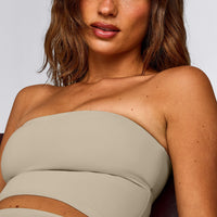 SoftMotion™ Bandeau Mid Vest with Built in Bra Shelf with Grey Logo | Oatmeal