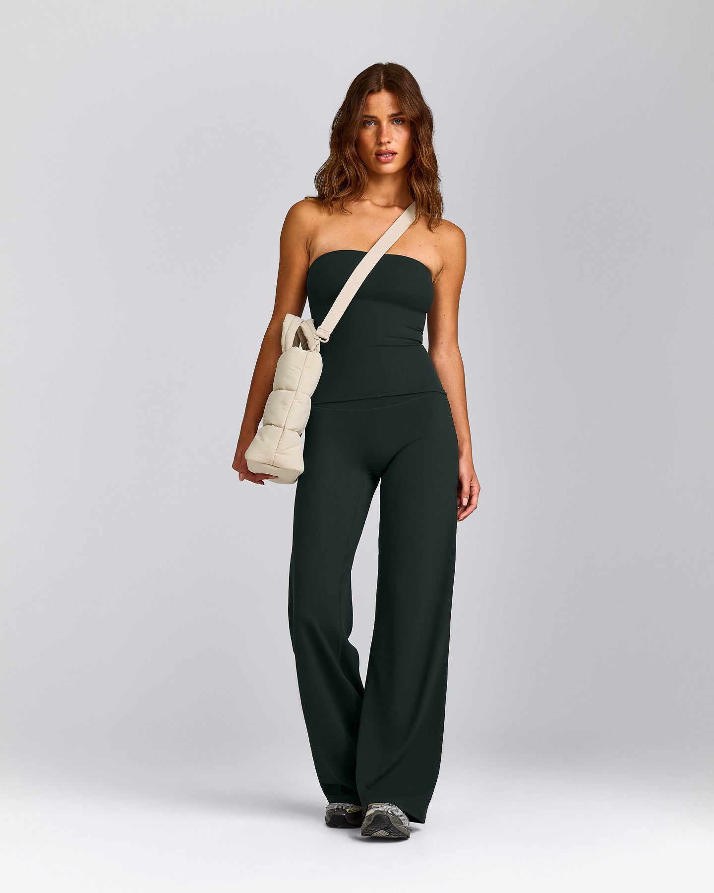 SoftMotion™ Bandeau Vest with Built in Bra Shelf with Grey Logo | Emerald Noir