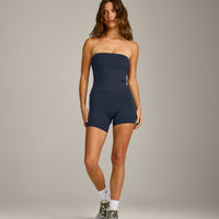 SoftMotion™ Bandeau Vest with Built in Bra Shelf with Grey Logo | True Blue