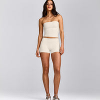SoftMotion™ Double Layer Mid Rise Micro Shorts 4" with Grey Logo | Marshmallow White