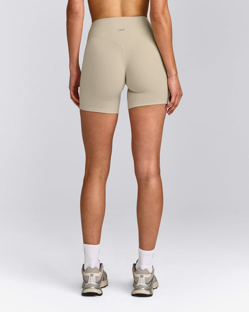SoftMotion™ High Waisted Shorts 6" with Grey Logo | Oatmeal