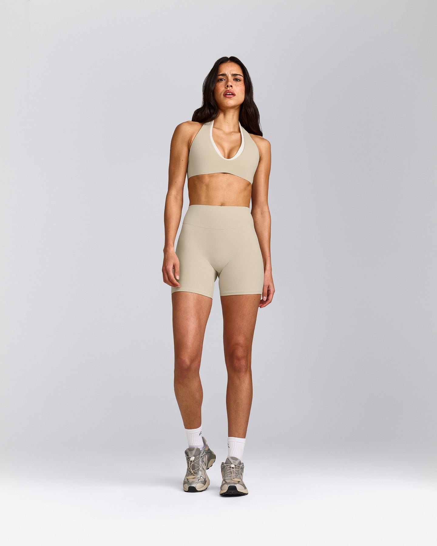 SoftMotion™ High Waisted Shorts 6" with Grey Logo | Oatmeal