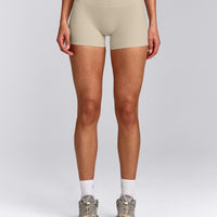 SoftMotion™ Mid Rise Micro Shorts 4" with Grey Logo | Oatmeal